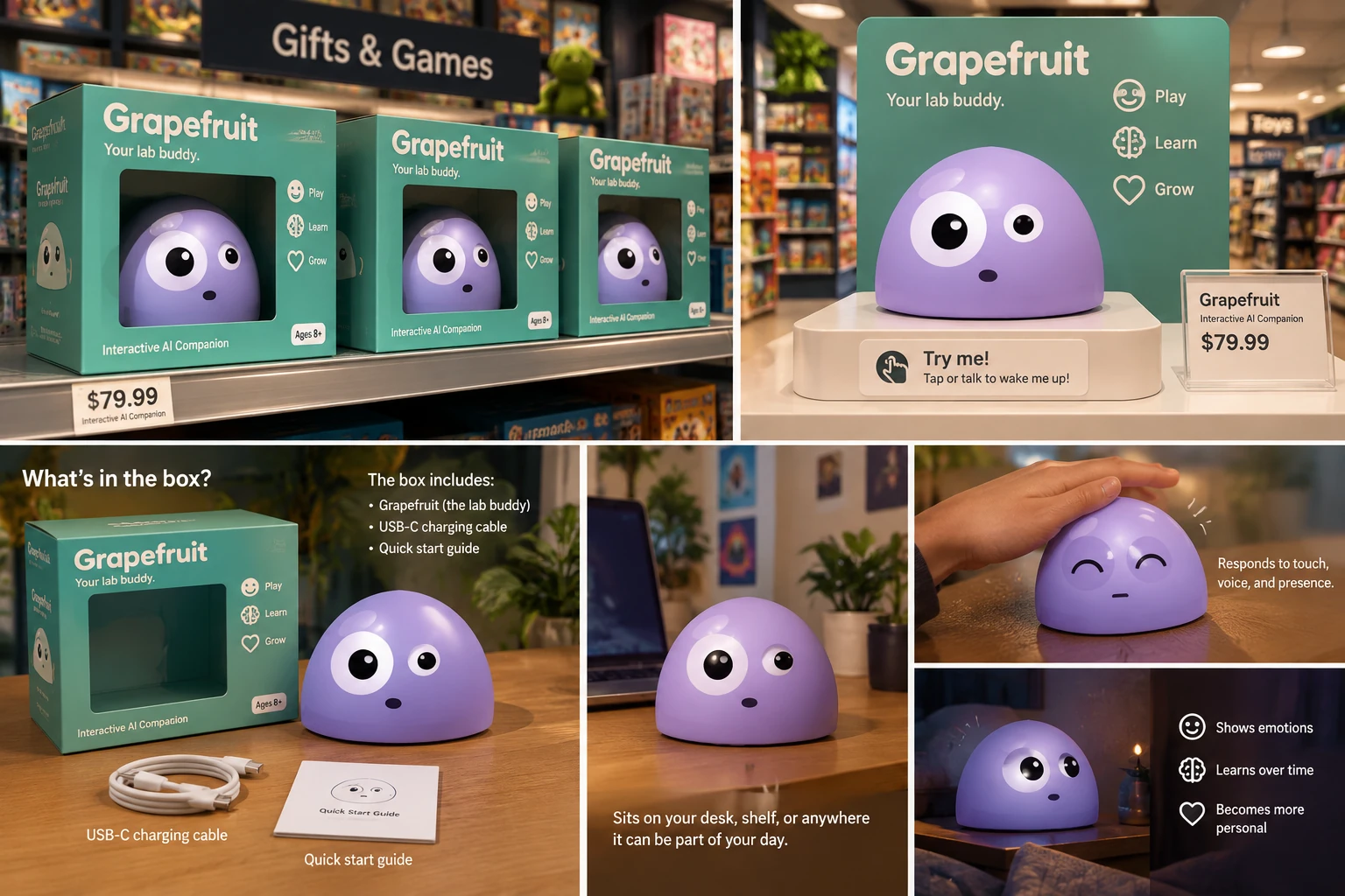 Concept renders of Grapefruit, a lavender desk companion in a teal retail box, on a store shelf, on a try-me stand, unboxed, and reacting to touch.